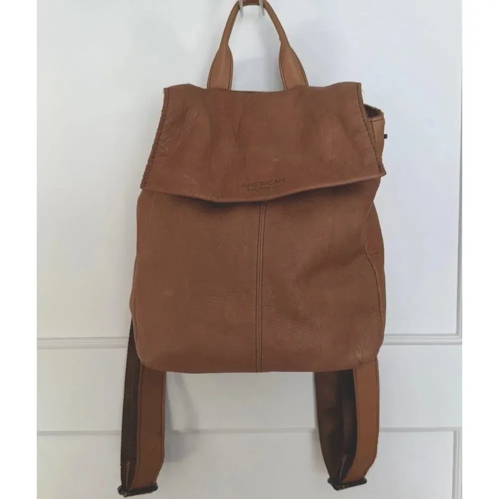 American Leather Company Co Cognac Brown Leather Backpack Purse Bag Day Trip